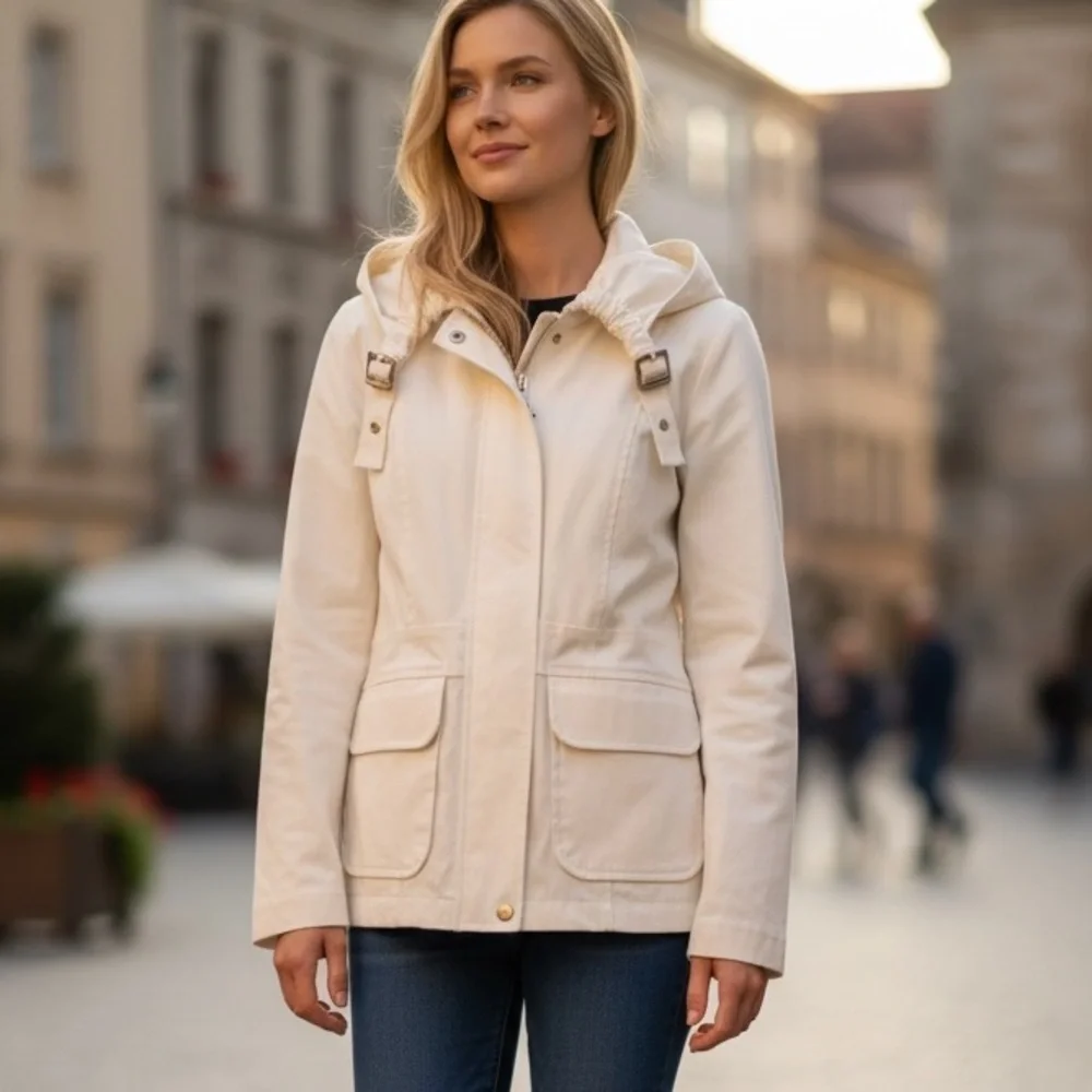 JOSEPH RIBKOFF CREAM TAILORED GOLD BUCKLE DETAIL MOTO UTILITY JACKET SIZE 8